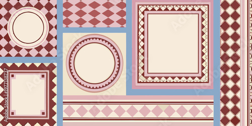 Decorative frames and geometric patterns in shades of red and blue