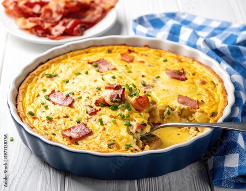 Savory quiche with bacon, herbs, and a blue napkin