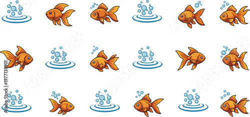 Goldfish and water ripple icon set with swimming fish and splash bubbles elements in flat cartoon style isolated on white background