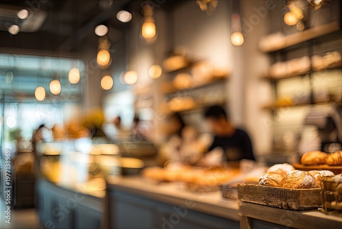 Blurred interior of a bakery or cafe with warm lights, shelves of pastries, and customers