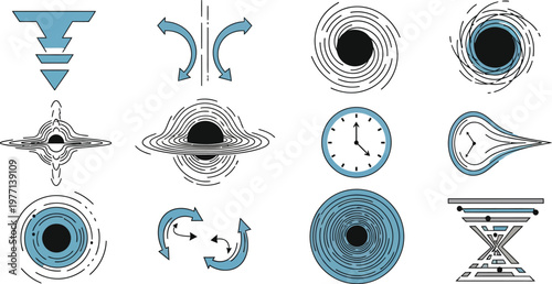 A collection of abstract illustrations depicts concepts related to black holes, gravity, and time distortion.