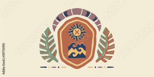 Tribal shield emblem design, ethnic nature badge, mountain sunset illustration, bohemian sun art, jungle leaf frame, desert sun vector, geometric tribal graphic
