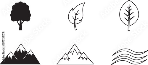 Collection of black and white tree, leaf, mountains, and waves nature