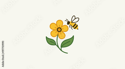 Cute Cartoon Bee Hovering Over a Yellow Flower