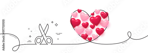 Cut line icon. Continuous line big heart. Tailor, hairdresser or barber scissors sign. Shears symbol. 3d hearts in heart shaped loop. Cut single line ribbon. Loop curve pattern. Vector