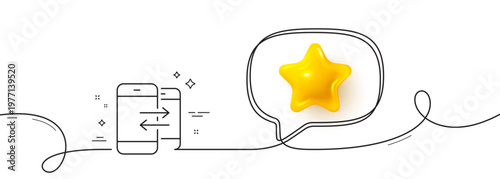 Phone Communication line icon. Continuous line with 3d star. Incoming and Outgoing call sign. Conversation or SMS symbol. 3d star in speech bubble. Phone Communication single line ribbon. Vector