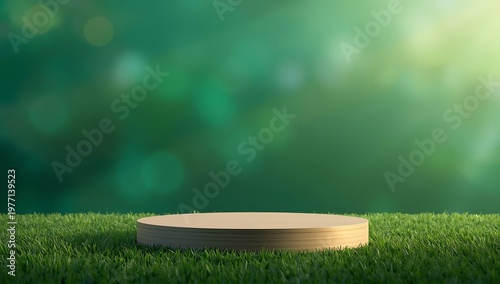 Wooden podium on lush green grassy surface with blurred background and sunlight