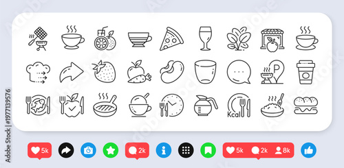 Burger, Grill basket and Ice cream line icons pack. Social media: share, comment, like icons. Porridge, Coffee cup, Grill place web icon. Pizza, Food delivery, Food time pictogram. Vector