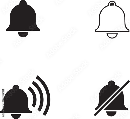 Four black and white bell representing notification states: solid, outline, ringing, and muted alert