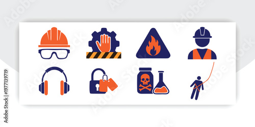 Set of blue circular mandatory personal protective equipment icons for industrial safety, including hard hat, eye protection, ear protection, and safety vest, in bright studio.
