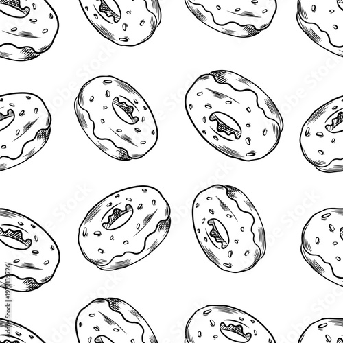 Background with vector sweets. Seamless hand-drawn pattern with a black and white donut for fabric, decor, and elements