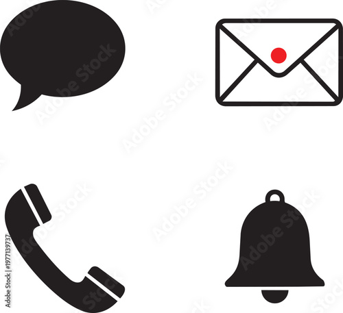Four black communication speech bubble, envelope with red dot, telephone handset, and bell on white background