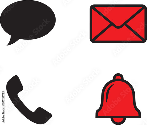 Four communication speech bubble, envelope, telephone handset, and bell, in black and red chat message