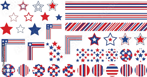 Assortment of patriotic red, white, and blue stars, stripes, and corner elements for festive design.