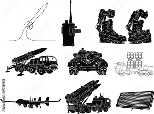 Black silhouettes of military vehicles and equipment on white background, including tanks, trucks, and boots