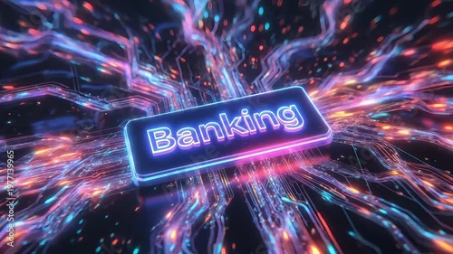 Digital banking concept with glowing neon text and abstract circuit board network
