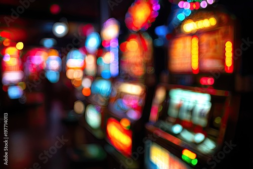 Blurred, colorful casino scene with vibrant lights from slot machines in a dark room