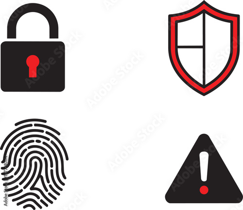 Minimalist of a person, a location marker, a fingerprint, and a wi-fi symbol in black and red person silhouette