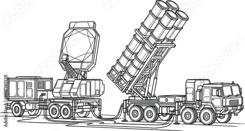 Line of two military missile launcher trucks with radar system, side view