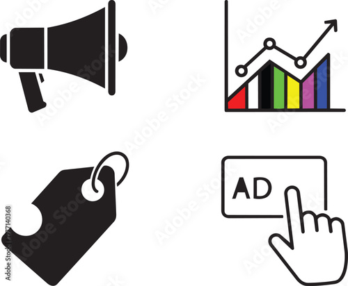 Of a hand holding a megaphone, house, and ad sign with a hand gesture flat black and white