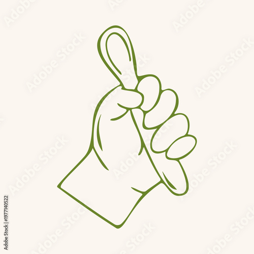 Cute baby hand holding spoon, green outline doodle flat retro style. Whimsical minimalist hand drawn vector illustration for child feeding, first solids, nursery or kitchen decor. Isolated on beige