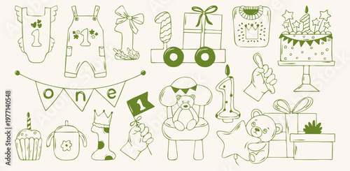 Set of first birthday elements, green outline doodle flat retro style. Minimalist hand drawn vector illustration with cake, gifts, bears, number one, clothes and toys for baby celebration on white.