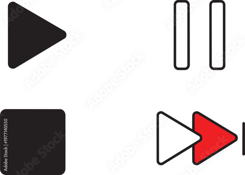 Red arrow pointing to black right-pointing triangle, black square, and white brackets on white background