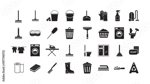 Cleaning tools, household icons, 40 black silhouette symbols, janitorial equipment, cleaning supplies set