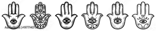 Hamsa hand protection symbols with evil eye set in vintage woodcut engraving style