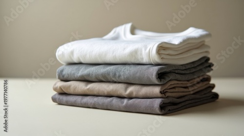 Las prendas dobladas se apilan con una pieza ligeramente desalineada que rompe la uniformidad; un detalle auténtico del comercio minorista