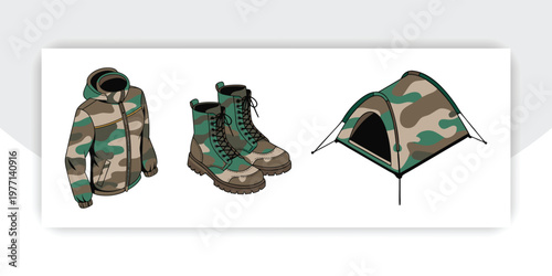 Camping Gear Set with Camouflage Jacket Tent and Hiking Boots Outdoor Adventure Vector Illustration,