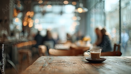 Coffee cup on a rustic wooden table in a softly blurred, warm-toned cafe interior
