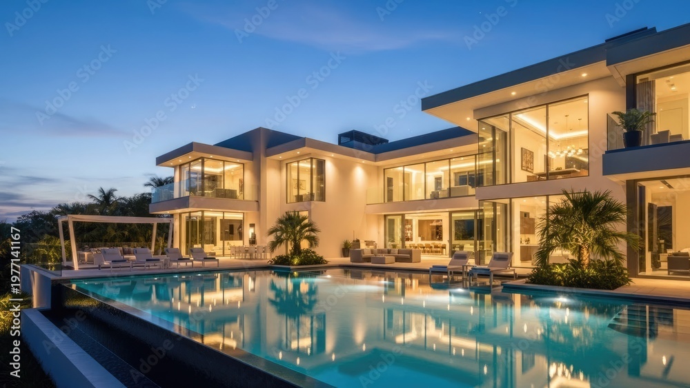 Obraz premium A luxurious modern house with a large pool at dusk