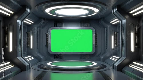 Futuristic sci-fi spaceship interior with a large green screen display and circular platform
