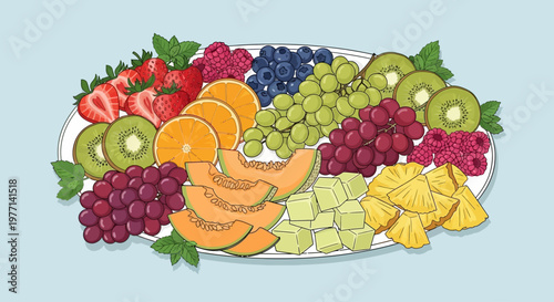 Colorful fresh fruit platter illustration on a light blue background.