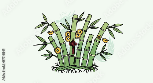 Lucky bamboo stalks with traditional Chinese prosperity symbols for Lunar New Year
