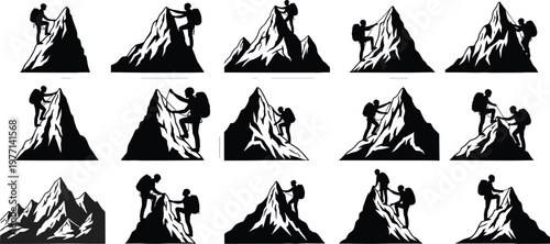 Extensive Set of Mountain Climber Silhouettes, People Ascending Dangerous Peaks, Black Vector Illustration Pack for Extreme Sports, Adventure Travel, and Overcoming Business Challenges
