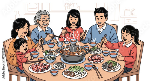 Multi-generational family sharing a traditional Chinese hot pot meal illustration