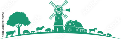 Farm landscape silhouette, barn and windmill, grazing animals, rural countryside scene, agriculture elements, vector illustration, peaceful nature, livestock, tree, fence