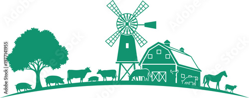 Farm scene silhouette, barn and windmill, grazing animals, rural landscape, countryside view, livestock illustration, tree, field, agriculture design, vector graphic