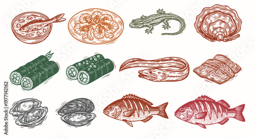 Seafood vector illustrations. Hand drawn line sea fishes, oysters, lobster, squid, octopus, crabs, Healthy food natural set
