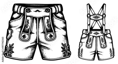 Foto Traditional German lederhosen leather breeches with suspenders in woodcut illust
