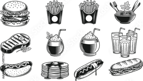 Fast food vector illustration, burger, fries, hot dog, drinks, pancakes, steak, spaghetti, monochrome style, black and white, restaurant menu design