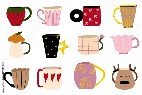 Set of cute colorful hand drawn mugs and cups in flat style, playful collection of unique coffee and tea cups with patterns and shapes isolated on light background, modern illustration for kitchen dec