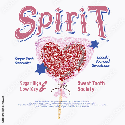 Retro Spirit Heart Lollipop Illustration with Stipple Texture, Vintage Sugar High Sweet Tooth Society Graphics, Hand Drawn Dotted Heart Candy Vector for T-shirt Design, Y2K Aesthetic Poster.