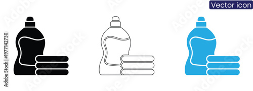 Laundry detergent bottle and fabric softener sheets on white background vector icon set