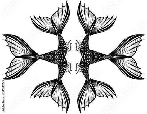Fish vector illustration, symmetrical black and white design, radial aquatic pattern, stylized marine artwork, decorative sea motif, traditional ocean composition