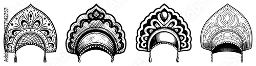 Photos Set of ornate traditional Russian kokoshnik headpieces with decorative patterns