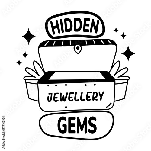 A glyph sticker featuring an open treasure chest with hidden gems typography 

