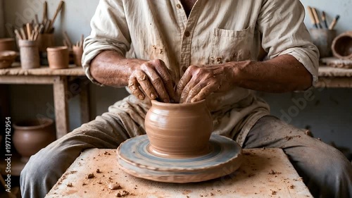 Skilled artisan shaping clay on a pottery wheel in a rustic studio environment